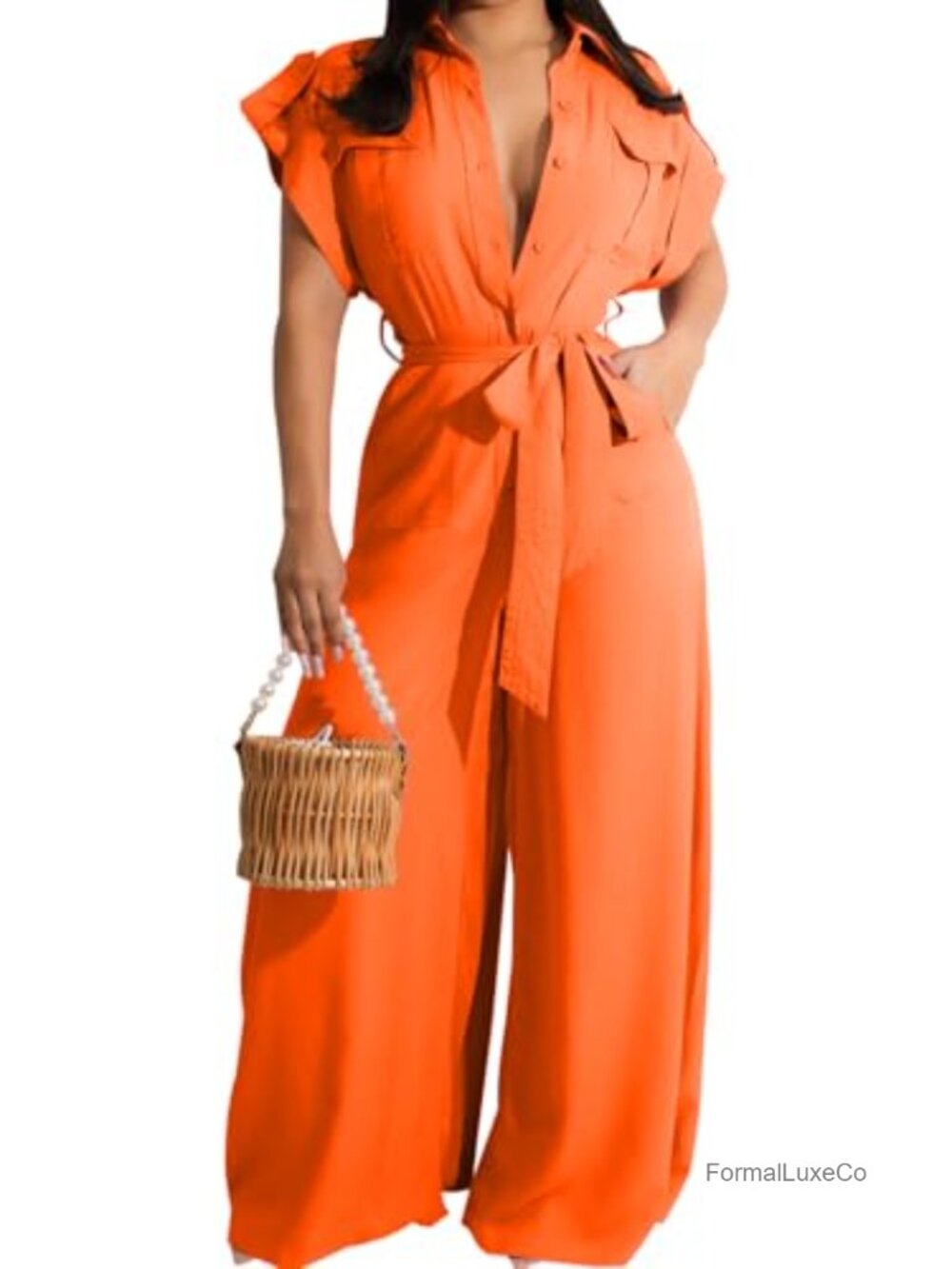 Women's Short Sleeve Wide Leg Jumpsuit Button Down Belted